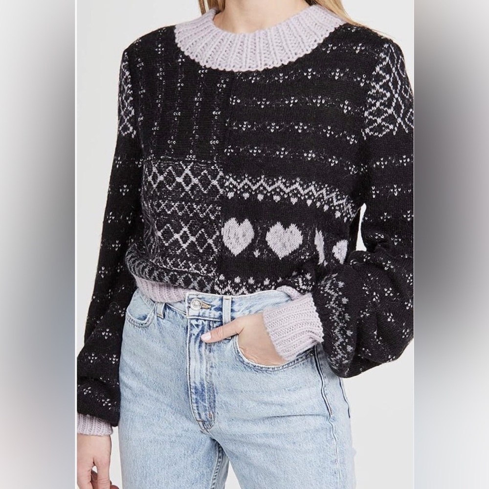 Free People Black and Gray Patterned Sweater